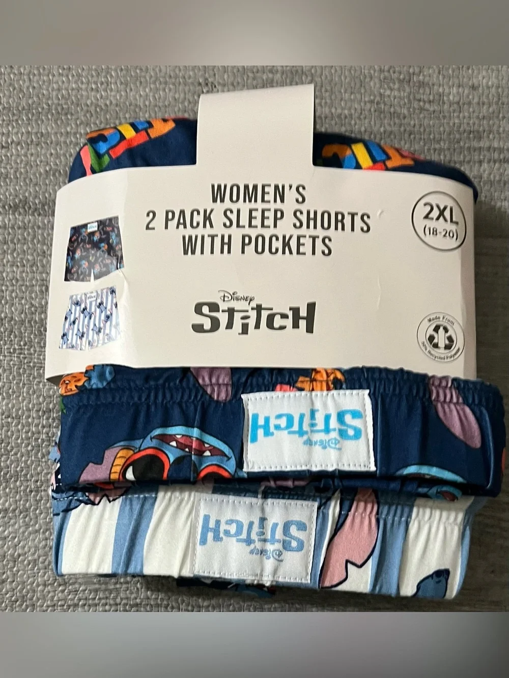 Disney Stitch Women’s Sleep Shorts 2-Pack Plus 2XL Striped Pockets Blue/White
